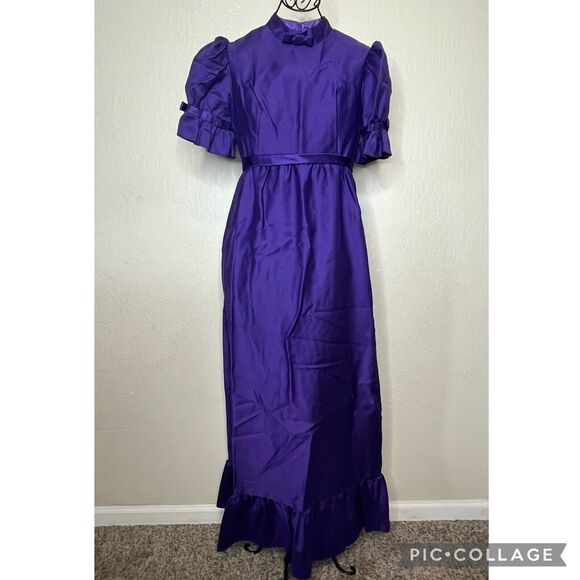 Vintage Emma Domb Royal Purple High Neck Modest Bow Dress Women’s Size 9 - Picture 1 of 8